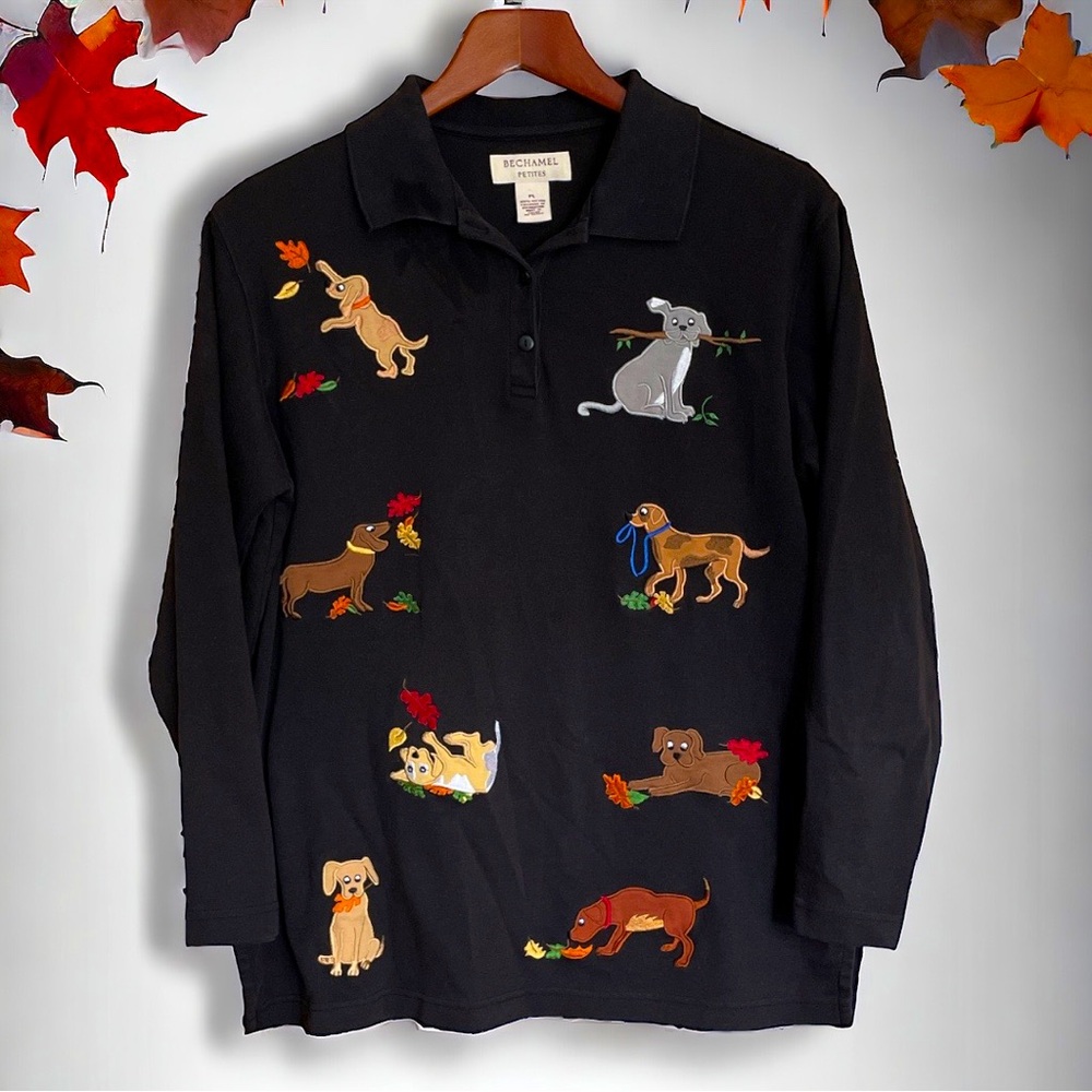 Bechamel Petites Long Sleeve Polo Novelty Appliqué Dogs and Fall Leaves PL